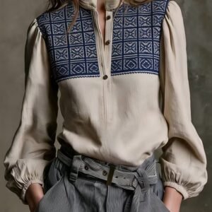 Vintage Ethnic Style Embroidered Stand-collar Shirt For Women, Beige Puff-sleeve Tencel Top, Blue And White Geometric Jacquard Designed Niche Shirt